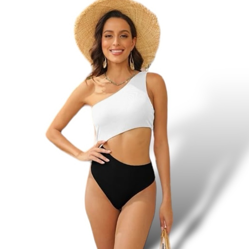 One Piece One Shoulder Cut Out Ribbed Midriff Cut-Out Swimsuit Black/Whi…